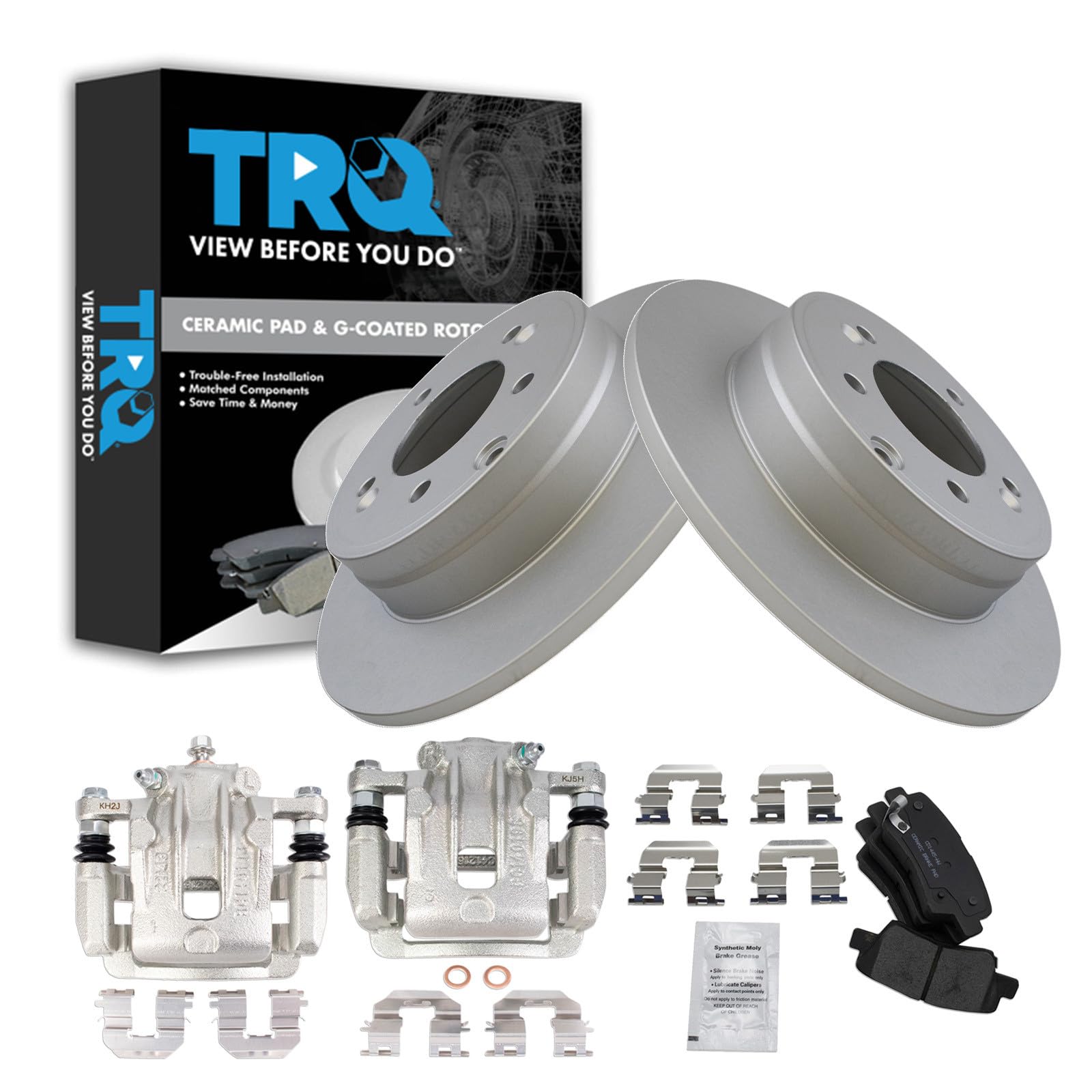 TRQ Rear Brake Pad and Rotor Set Ceramic Solid G Coated Rotors Calipers