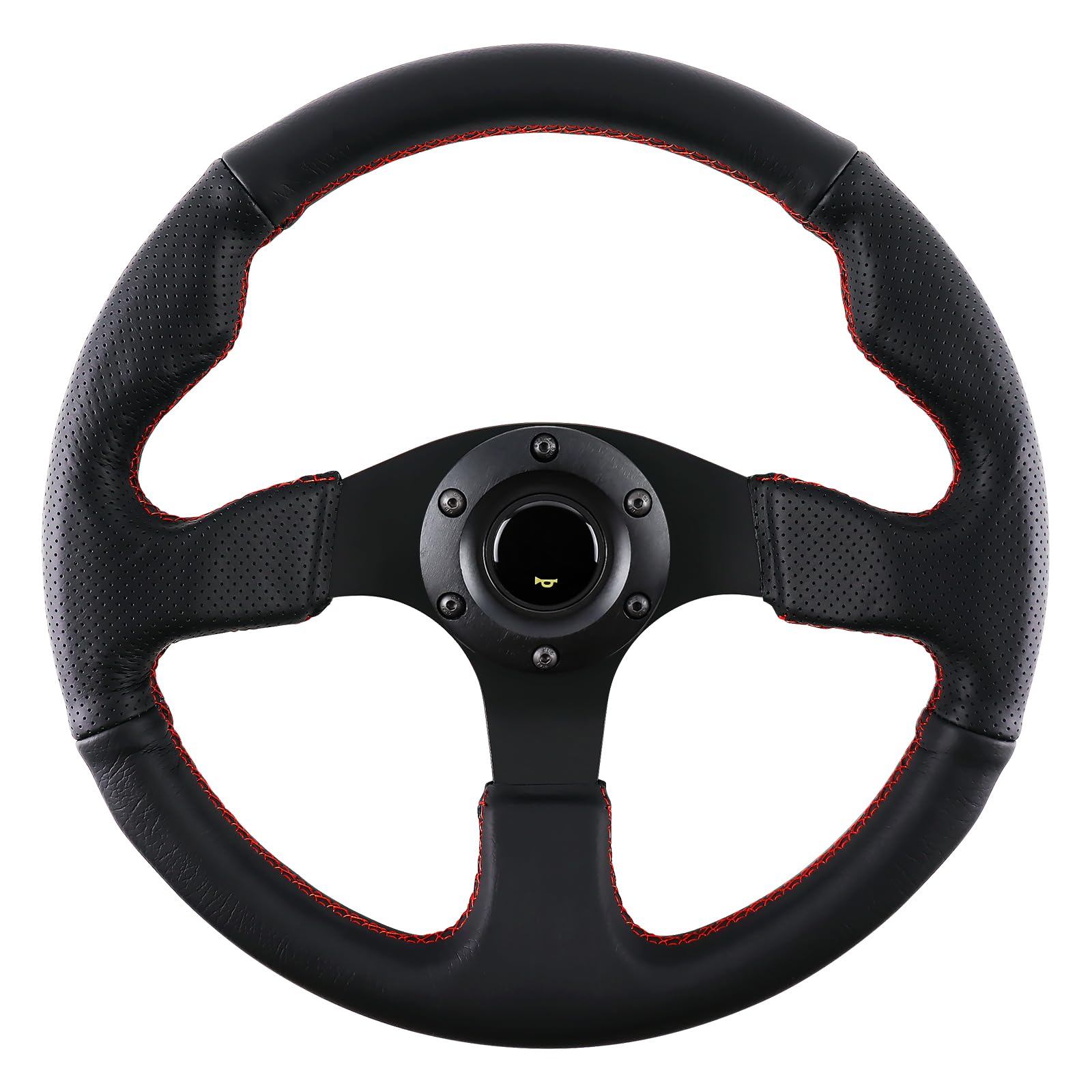 13" Racing Steering Wheel 3 Aluminum Spoke 6 Bolt with Horn Button, Red Stitched Leather Steering Wheel (Black)