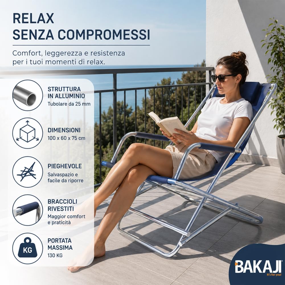 BAKAJI Spiaggina Pieghevole Portatile Sedia Sdraio Richiudibile Struttura Tubolare in Alluminio Rivestimento in Tessuto Poliestere per Spiaggia Mare Campeggio