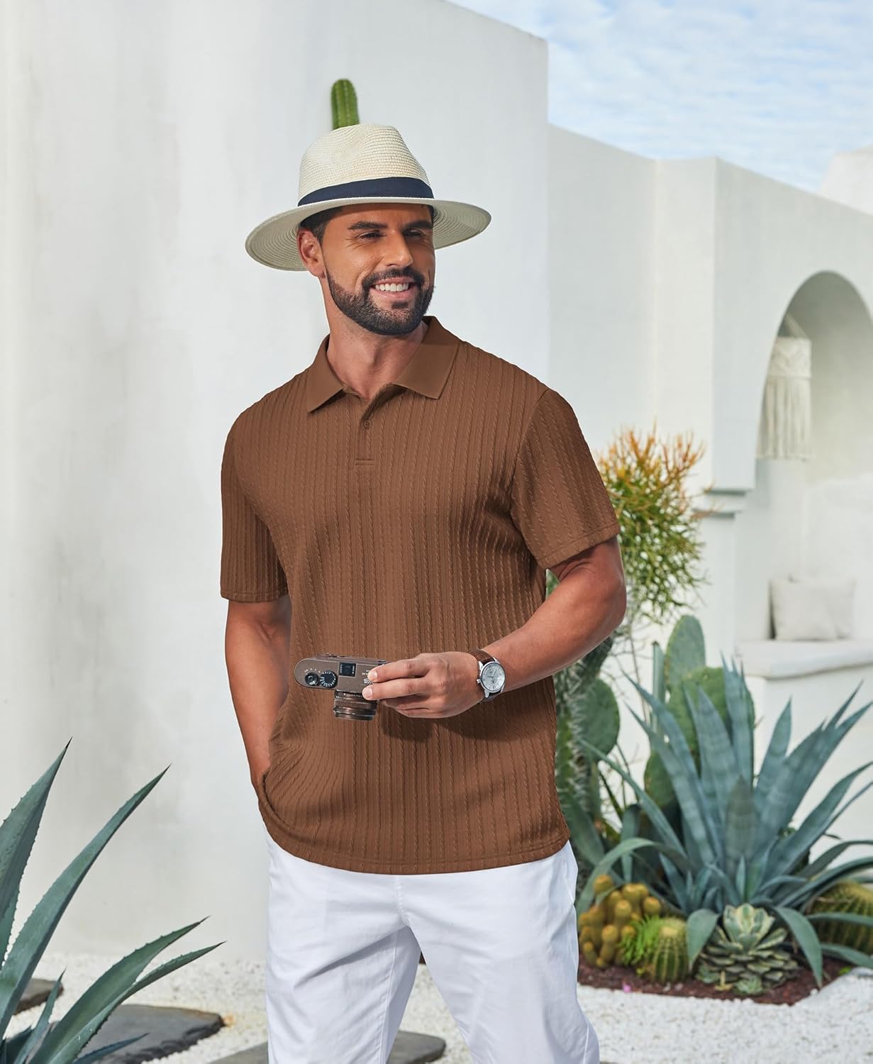 COOFANDY Mens Polo Shirt Textured Knit Button Casual Short Sleeve Summer Vacation Beach Stretchy Golf Shirts - Image 7