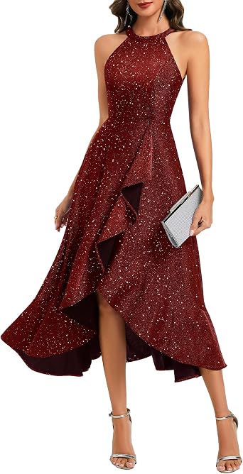 Dressystar Women Halter Sequin Maxi Formal Dress 2026 Sparkly Split Ruffle Sleeveless Wedding Cocktail Prom Evening Dresses
