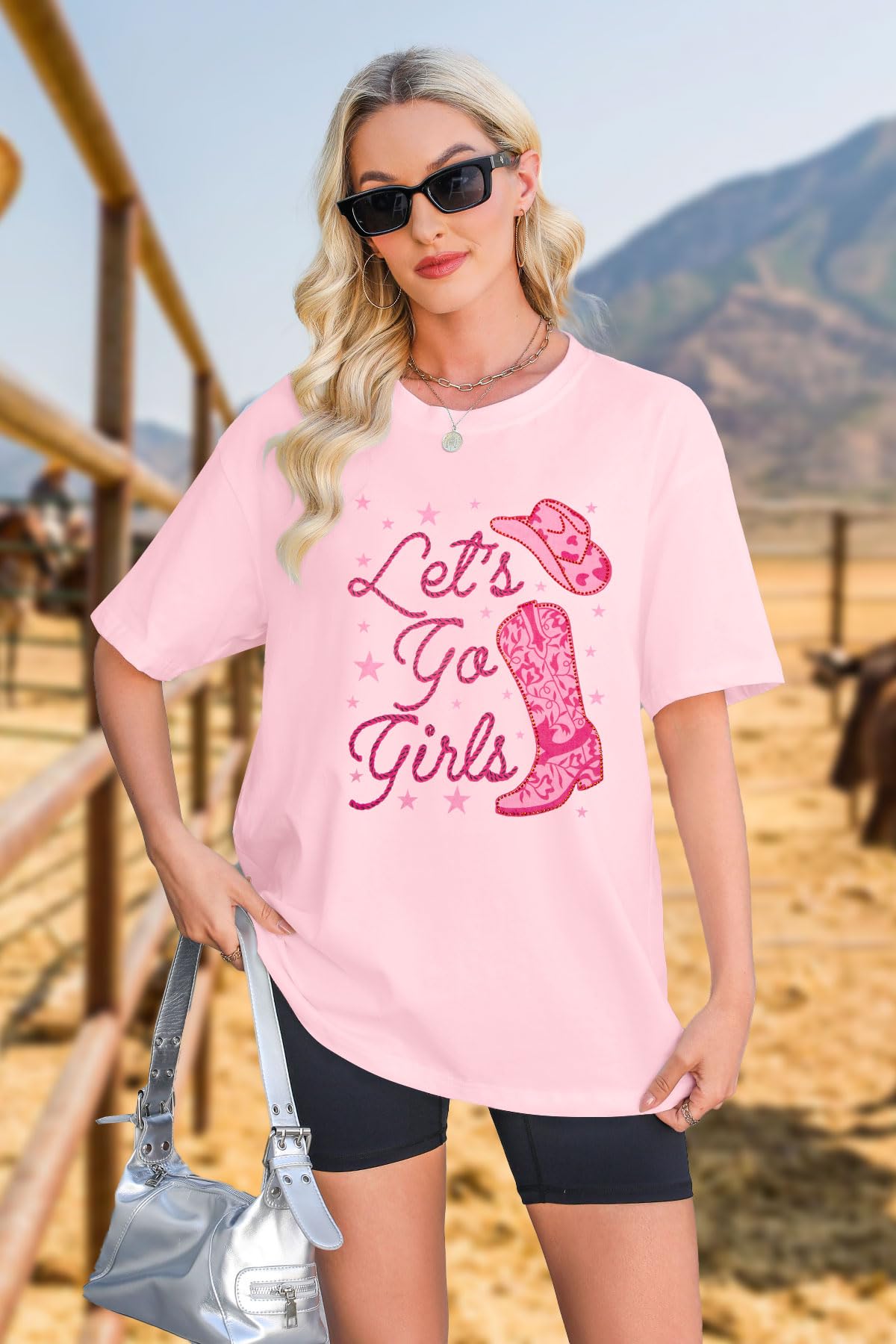 Oversize Western Cowgirl Camicie per le Donne Let's Go Ragazze Camicia Country Music Tee Cappello Stivali Manica Corta Top