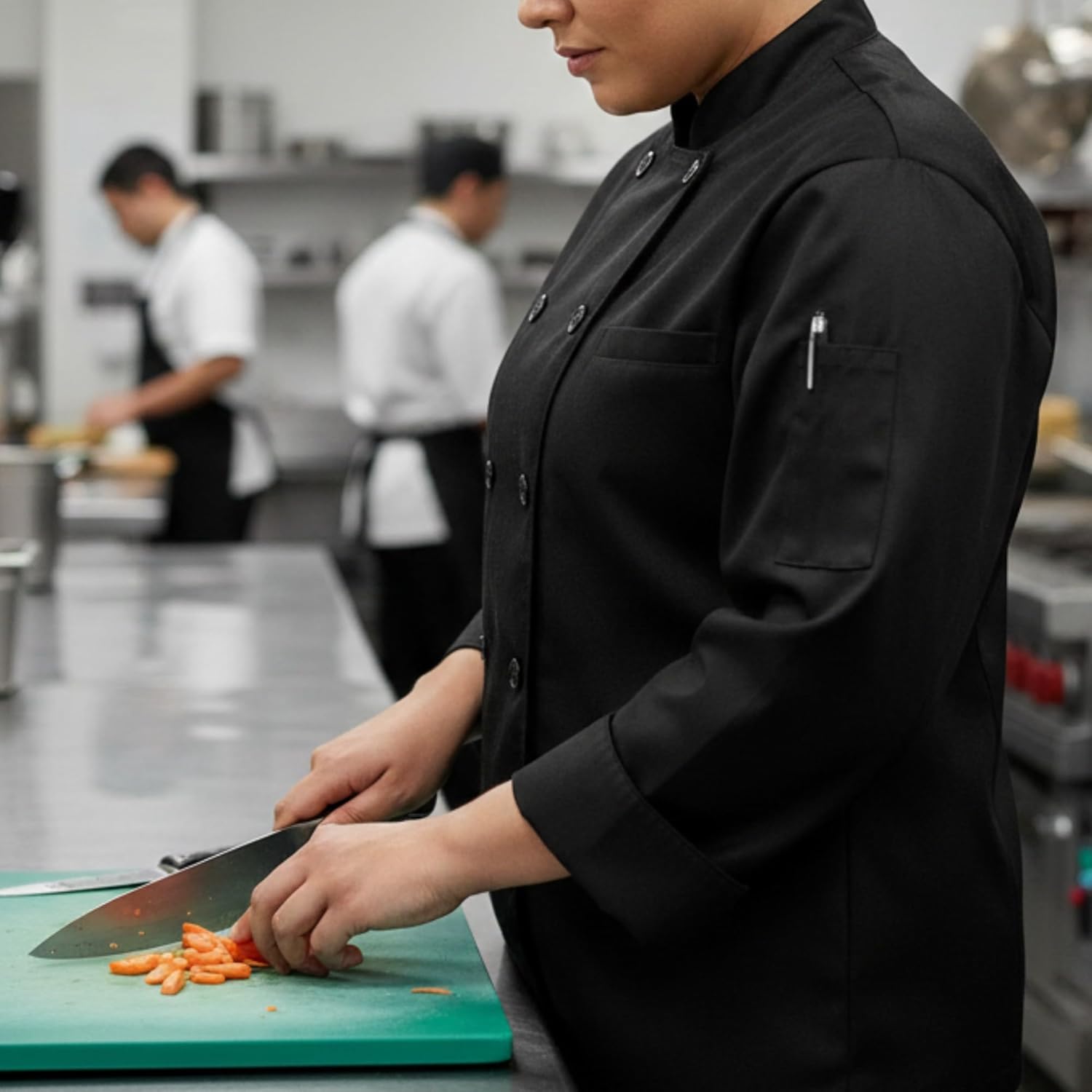 TrueCraftware- Women’s Tapered Black Long Sleeve Chef Jacket with French Cuffs Large Size- Chef Jacket Chef Coat Restaurant for Food Service Bakers and Culinary Professional