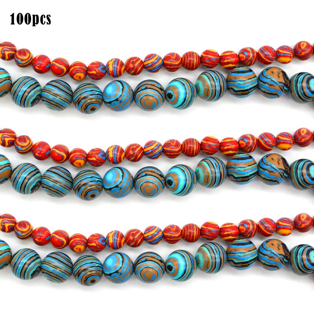 Dylan-EU 100 Pcs Charming Loose Beads Artificial Malachite Beads Round Blue 10 mm & Red 6 mm Textured Stone Beads for Necklaces Bracelets Jewelry Making Home Decor and Other Crafts