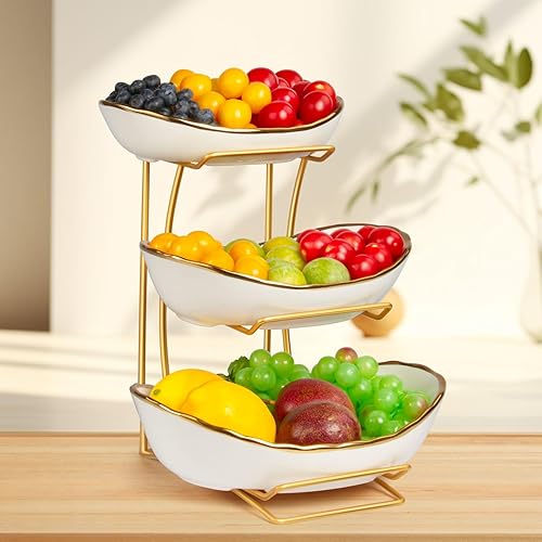 Vista 38 de Frutero para encimera de cocina, cesta de frutas de 3 niveles para encimera, soporte de frutas de cerámica, soporte de frutas escalonado con soporte