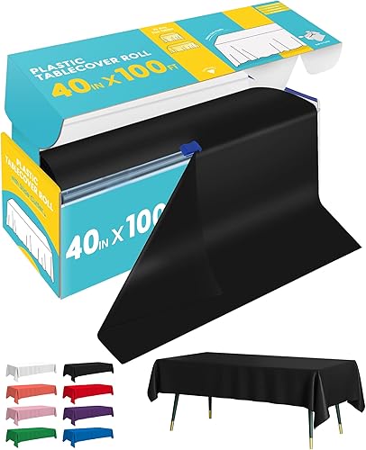 Miniatura 10 de Rollo de mantel de plástico blanco - 54 pulgadas x 100 pies, mantel para mesa rectangular con cortador deslizante, mantel de plástico desechable con