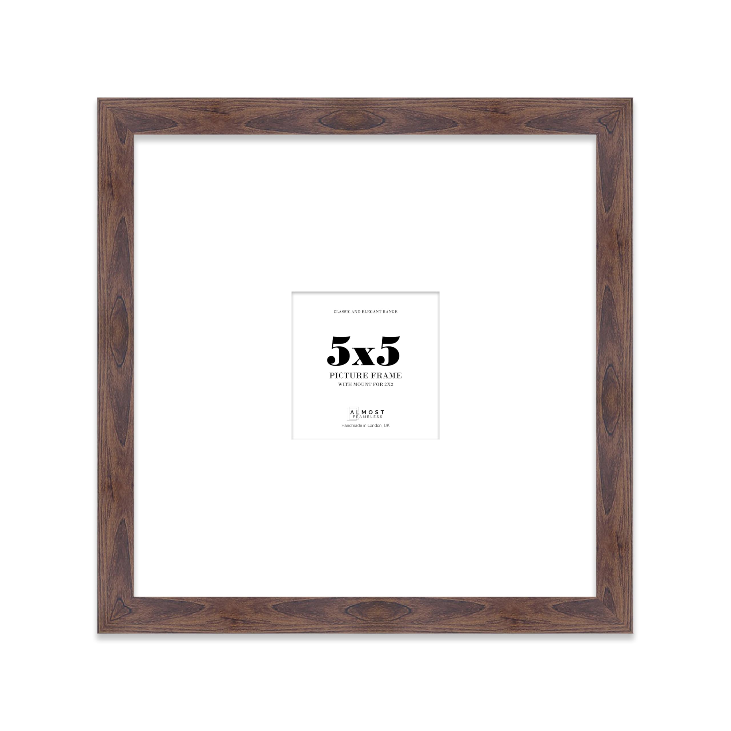 Almost Frameless 5x5 Square Picture Frame, Display Pictures 2x2 With Mat or 5x5 Without Mat, Wall Hanging & Free Standing Photo Frame, Walnut, 1 Pack