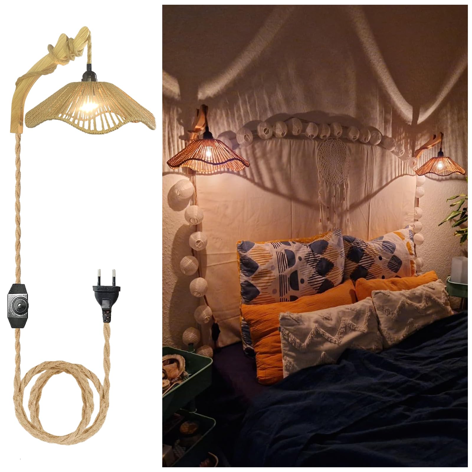 2er Set Wandleuchte Rattan Boho mit Stecker und Schalter, Dimmbar Wandlampe Innen Holz Rustikal Retro mit 3m Hanfseil Kabel E27 Vintage Wandlicht für Schlafzimmer Wohnzimmer Flur Wandbeleuchtung