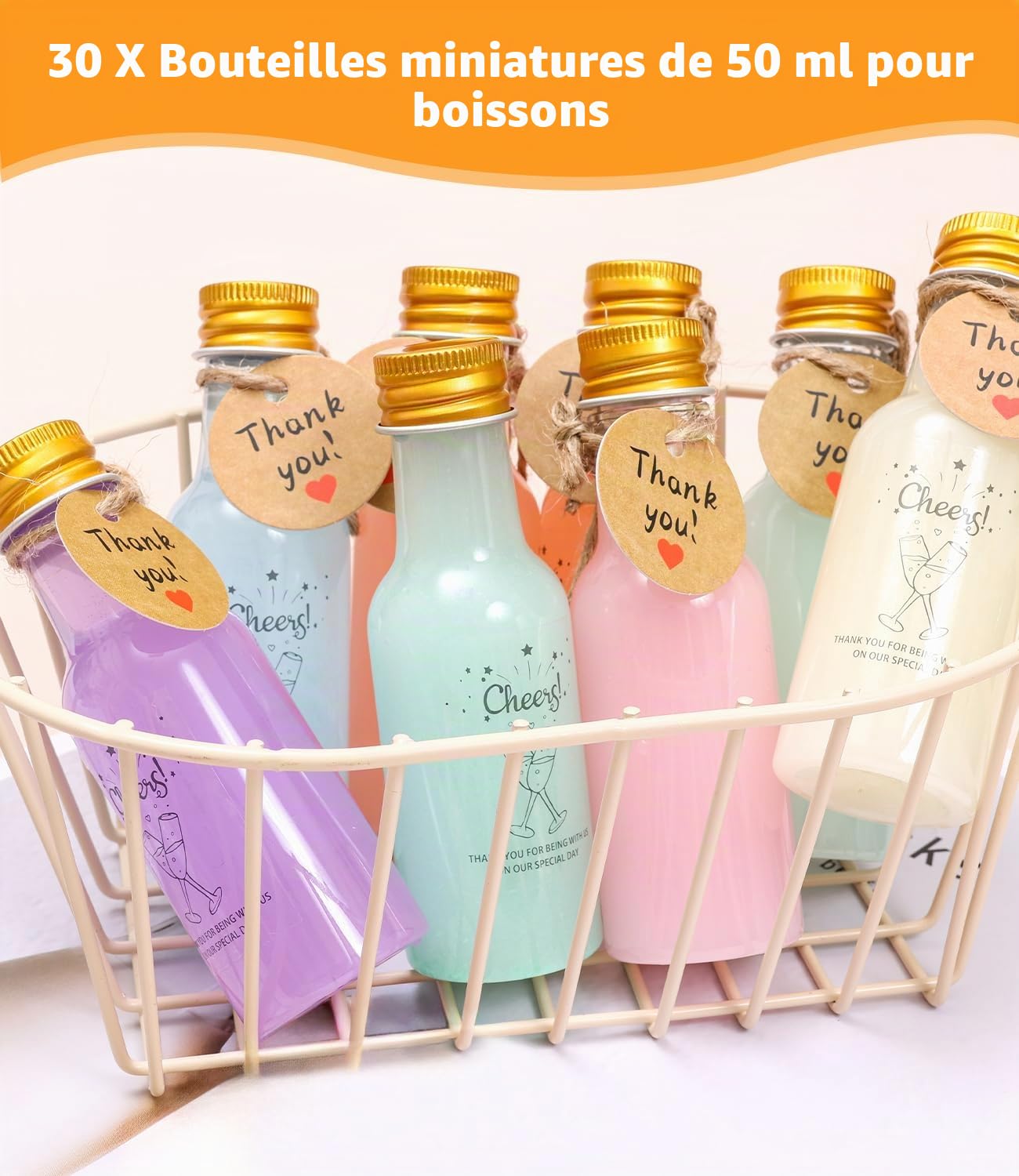 Lot de 30 mini bouteilles de liqueur en plastique réutilisables de 50 ml, avec bouchons à vis, brosse de nettoyage et 2 entonnoirs, petites bouteilles à remplir pour mariage, fête