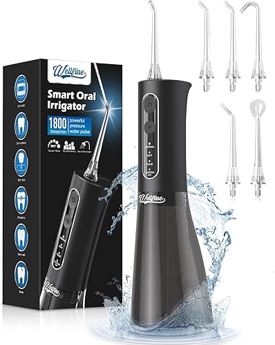 WELLFINE Público dental de dientes de agua, 4 modos, irrigador oral inalámbrico de 10.1 fl oz, portátil y recargable, IPX7, resistente al agua,