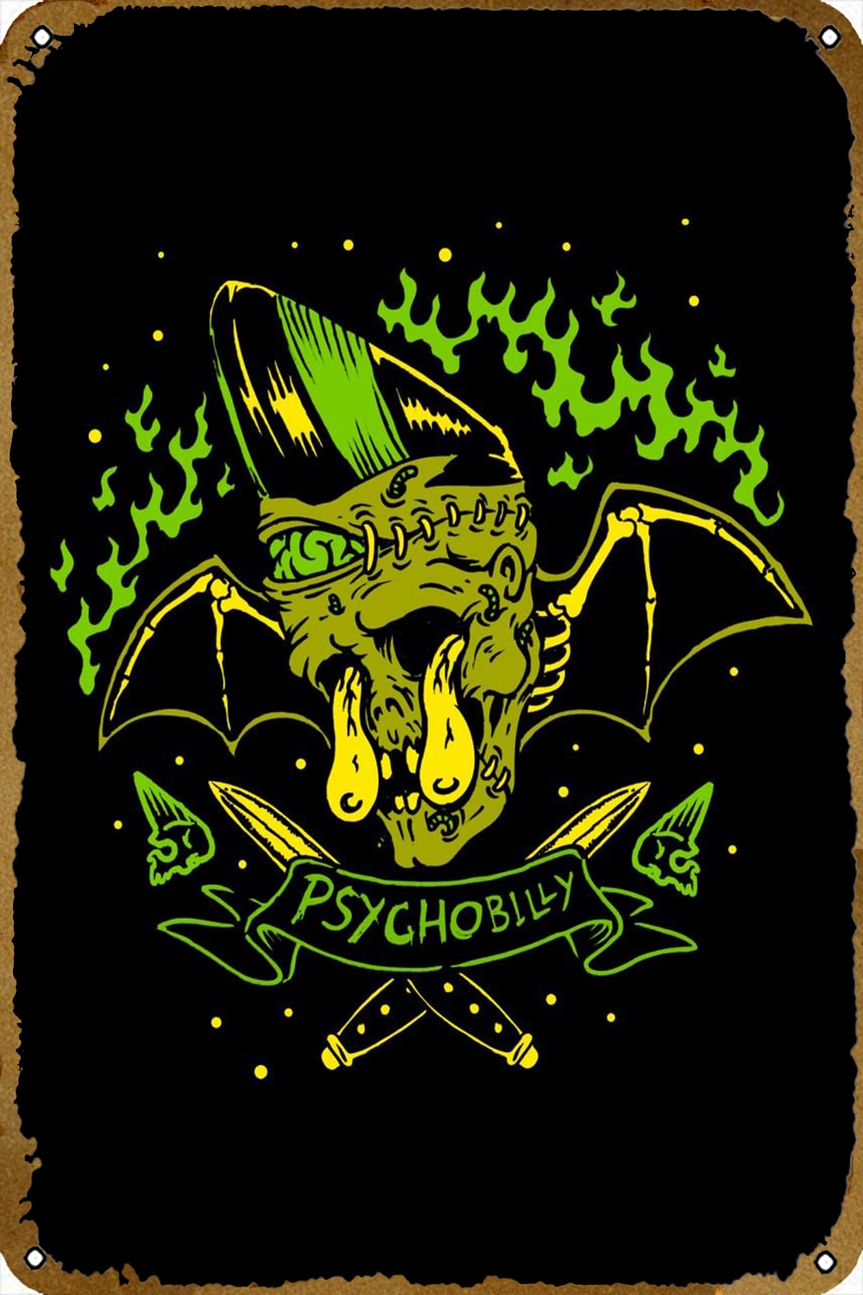 Psychobilly Bat Poster Retro Metal Tin Sign Wall Home Wall Art Metal Tin Sign,cave,bar,Club,Home Wall Art Metal Tin Sign 8x12 Inches
