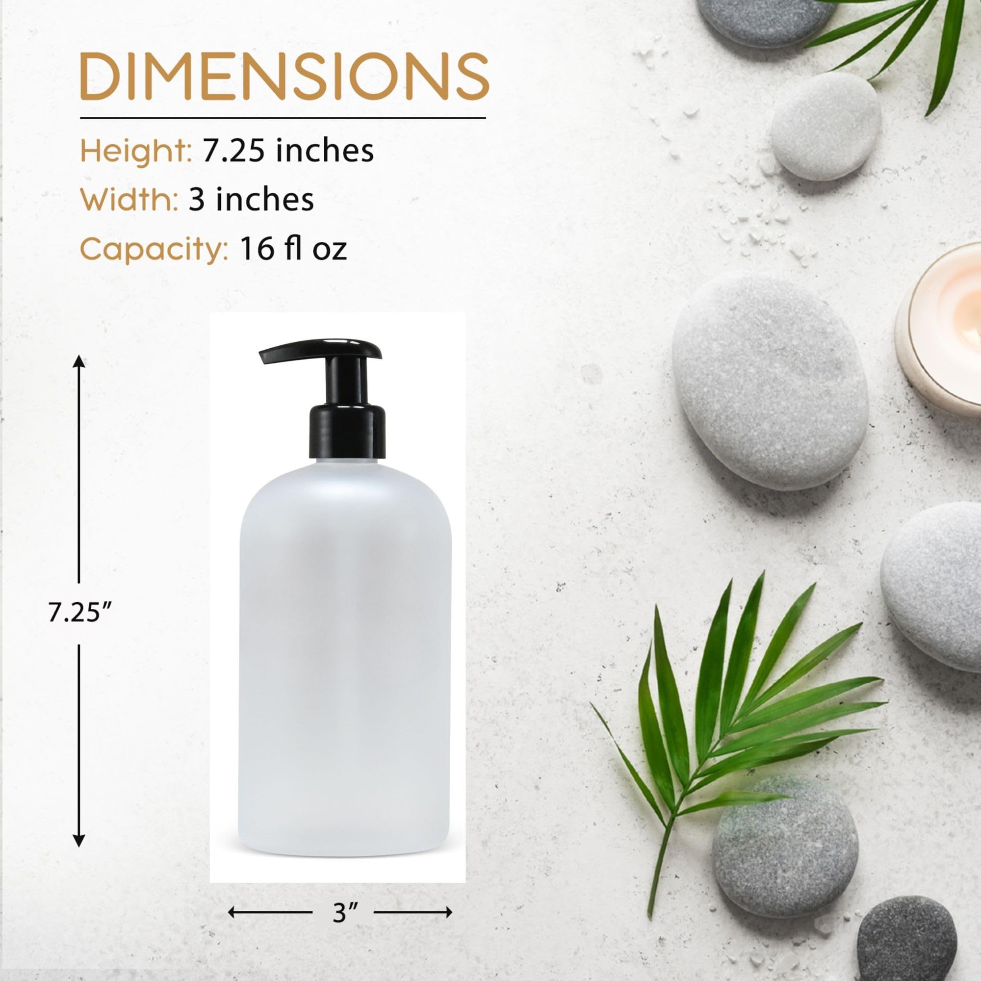 Bottiful Home-16 oz Empty PET Plastic Refillable Bottles-Set of 4-with Lotion Pumps for Shampoo, Conditioner, Body Wash, Hand Soap, Dish Soap, Lotion, Cleanser-Drip Free, Rust-Free (Frosted Clear)