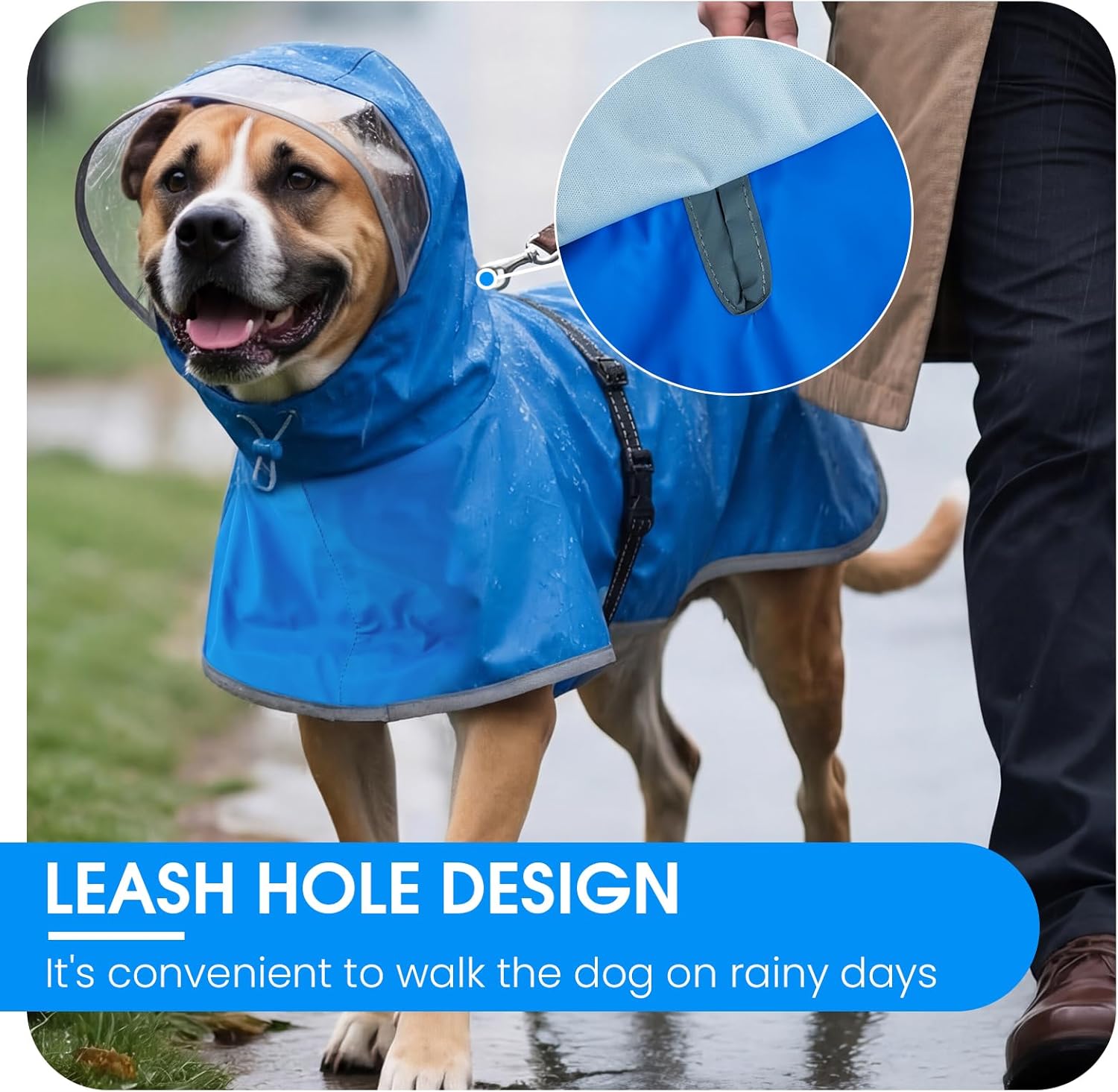 BRKURLEG Dog Raincoat, Waterproof Rain Jacket with Clear Hood for Small Medium and Large Dogs, Adjustable Reflective Pet Rain Coat Poncho with Leash Hole, Blue M