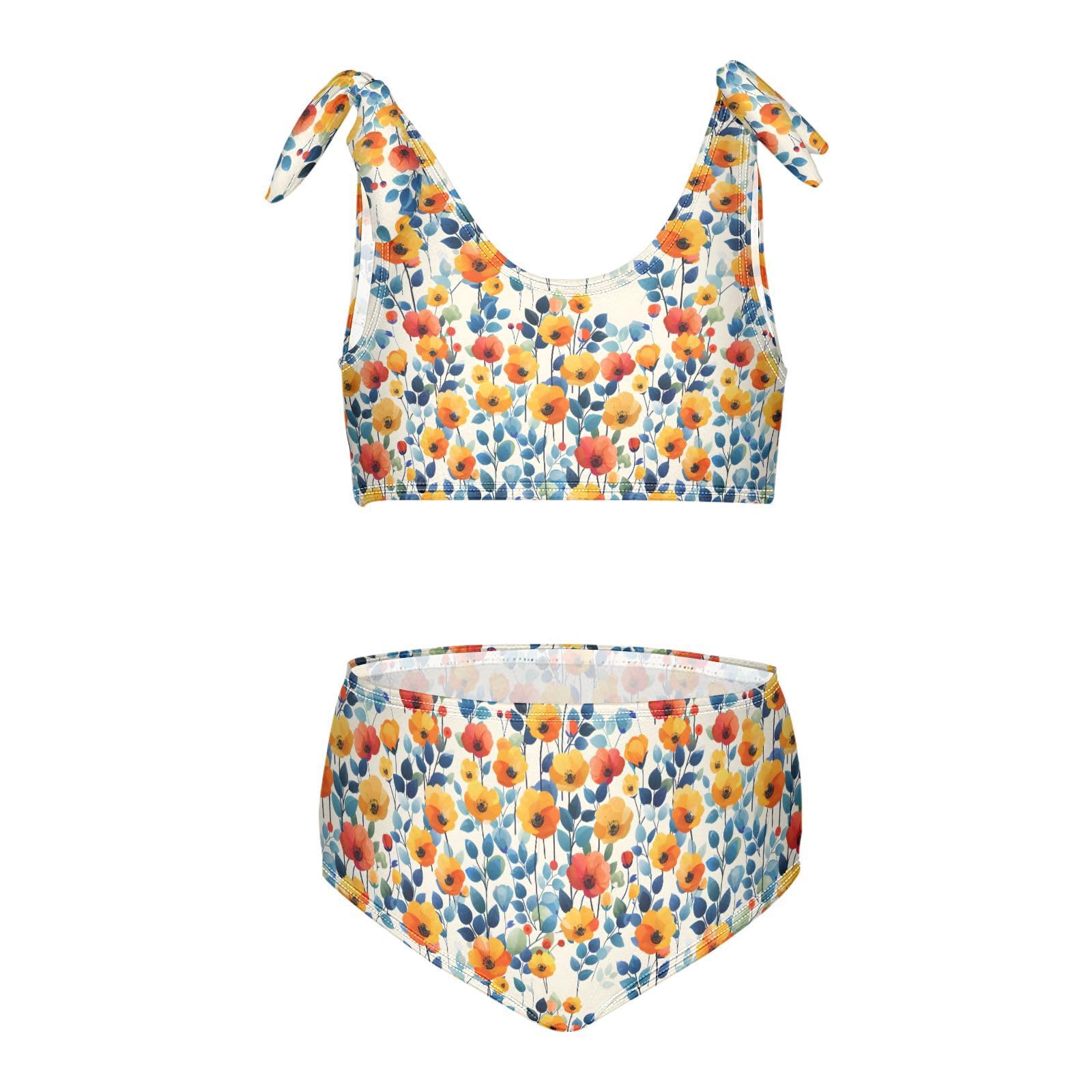 Flower Yellow Leaves Girls Tankini Swim Set, Two Piece Swimsuits Summer Bikini Swimwear Set for Girls, 4T