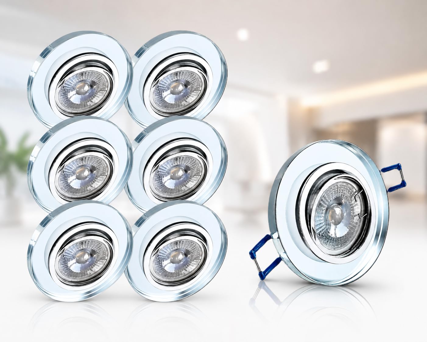 Trango 6er Set Design LED Einbaustrahler 6729R-06MCOBSD inkl. 6x 3 Stufen dimmbar 5 Watt LED Modul Ultra flach 3000k warmweiß Einbauleuchte, Deckenleuchte aus Kristall Glas & Alu Einbauspots