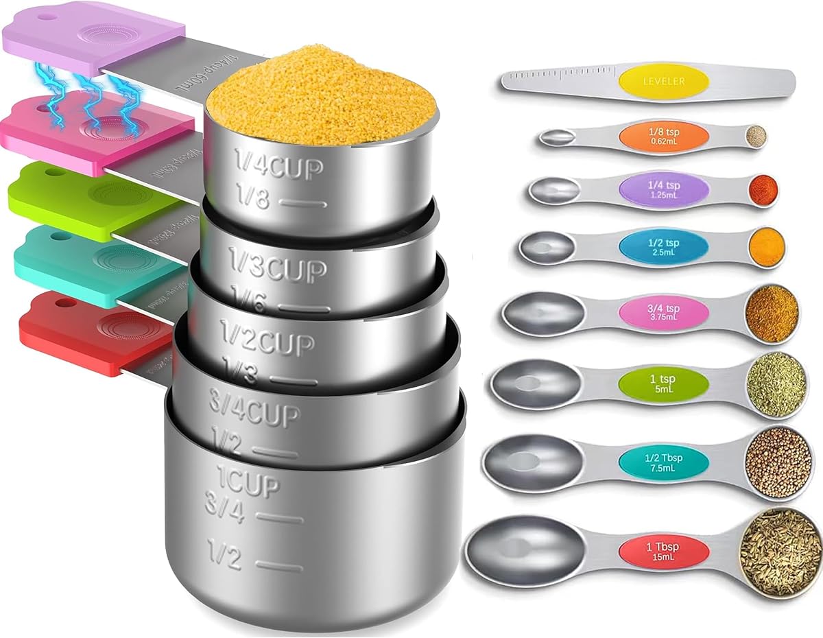 Stainless Steel Magnetic Measuring Cups and Spoons Set, 5 Nesting Magnetic Measuring Cup, 7 Magnetic Measuring Spoons, 1 Leveler for Liquid & Dry