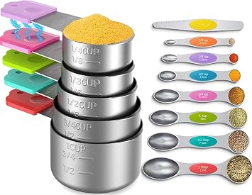 Magnetic Measuring Cups and Spoons Set, 5 Nesting Stainless Steel Measuring Cup Set with Easy to Read Markings, 7 Magnetic Measuring Spoons & 1 Leveler for Measuring Dry or Liquid Ingredients