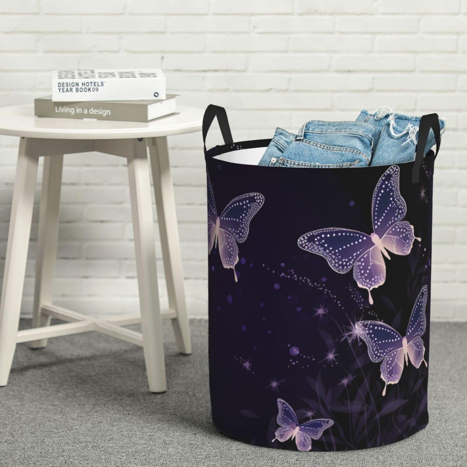 Panier à linge personnalisé haut de gamme motif papillons délicats
