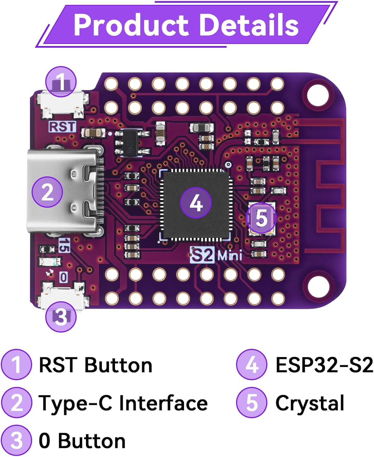 3pcs ESP32 S2 Mini V1.0.0 WiFi Board Based ESP32-S2FN4R2 ESP32-S2 4MB Flash 2MB PSRAM USB Type-C Interface Compatible with MicroPython, Arduino, ESP-IDF