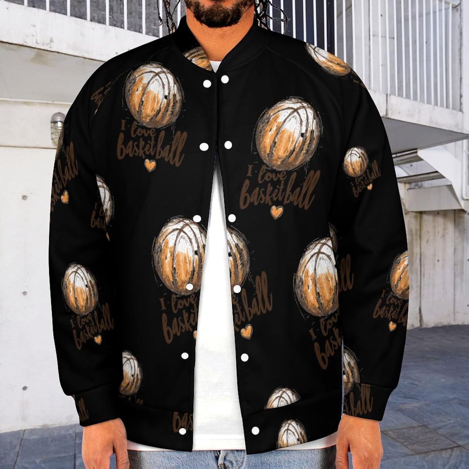 I Love Basketball Novelty Men's Baseball Jackets Causal Sweatshirt Button Top Long Sleeve Coat
