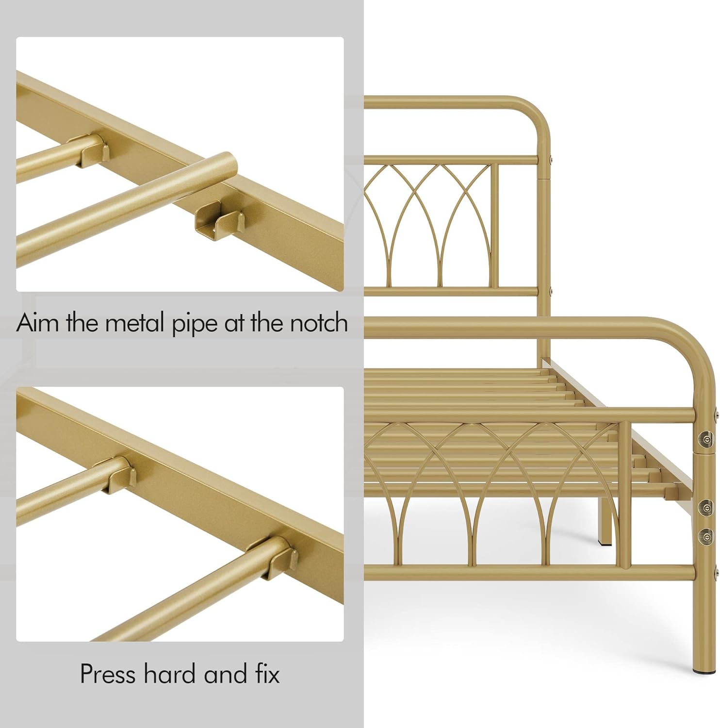 Assembly steps showing how to aim the metal pipe at the notch and press hard to fix it in place.