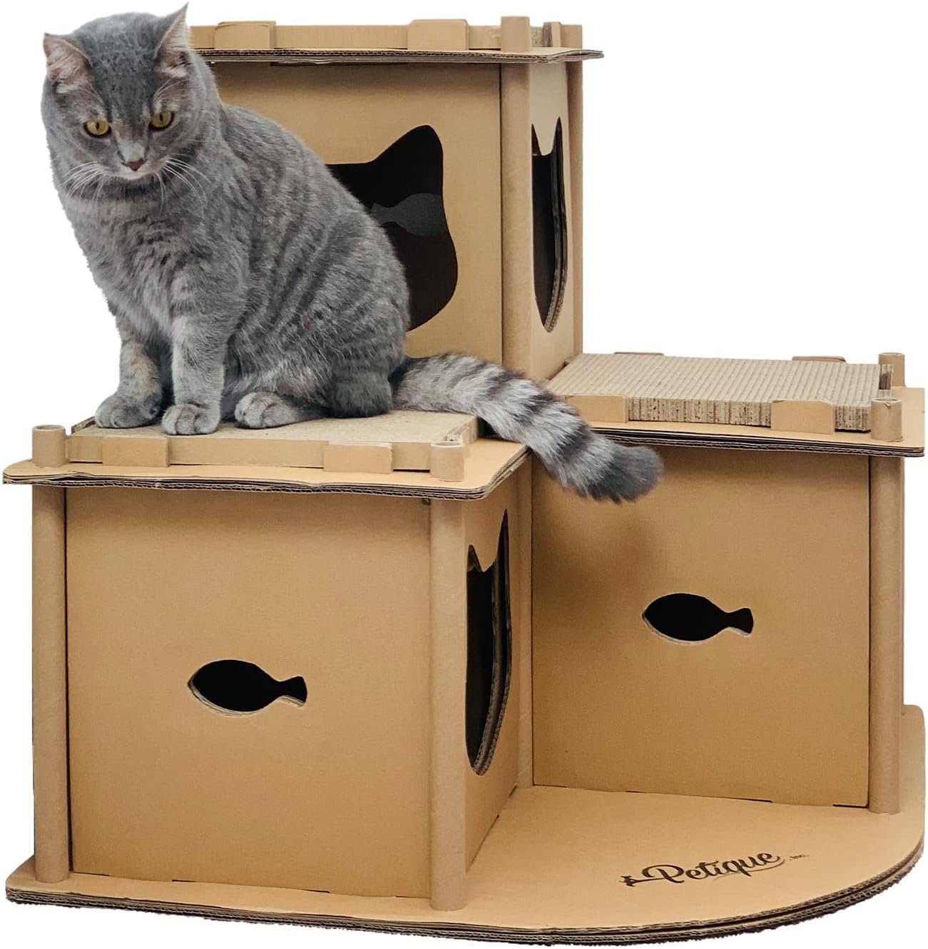 PETIQUEFeline Fortress Cat House: Eco-Friendly, Cat-Shaped Entrances, Fish-Shaped Handles, 7 Reversible Scratchboards, Lightweight, Easy Assembly, Sustainable, Compostable, Supports UP to 30LBS