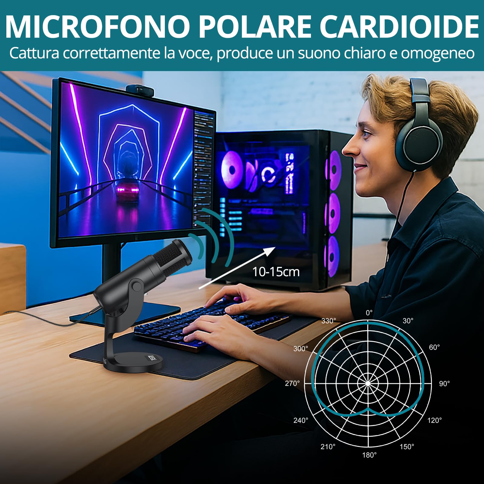 Microfono USB Professionale con Riduzione Rumore Intelligente & Base in Lega Antiscivolo - Compatibile PC/Smartphone per Streaming, Registrazione, Canto (Cuffia 3.5mm Inclusa)