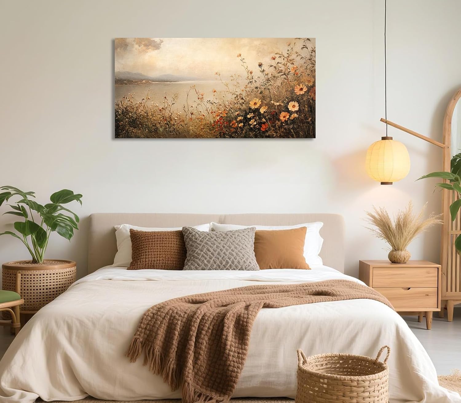 Rustic Canvas Prints Wall Art Lakeside Wildflower Field 40"x20", Neutral Tone Soft Landscape Artwork Misty Shore Bloom Prints Earthy Flower Pictures Framed Wall Decor for Living Room Bedroom Home