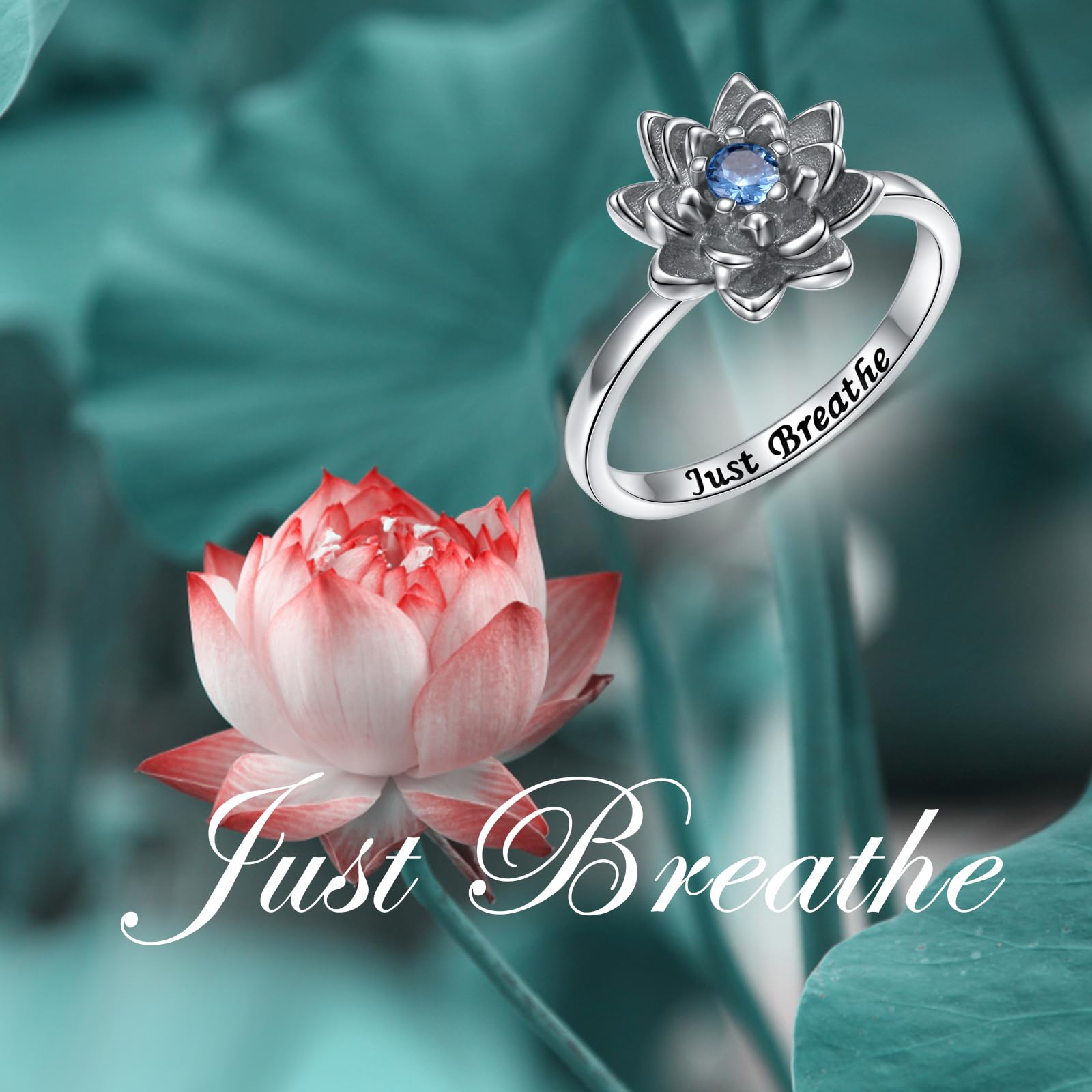 Flyow Just Breathe Lotus Spinner Ring für Damen 925 Sterling Silber Oxidation Blume Fidget Ringe für Angst Stress Relieving ADHD Autismus Ringe Yoga Geschenke Inspirational Band Ring