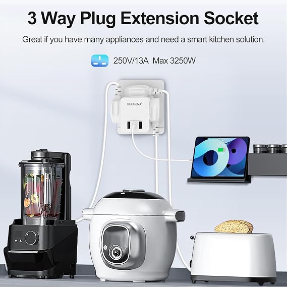 Multi Plug Adapter with 3 USB 3 Way Plug Adaptor Extension Socket Multiplug