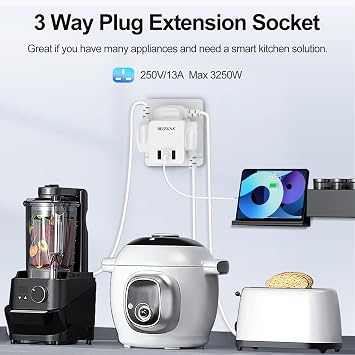 Multi Plug Adapter with 3 USB 3 Way Plug Adaptor Extension Socket Multiplug