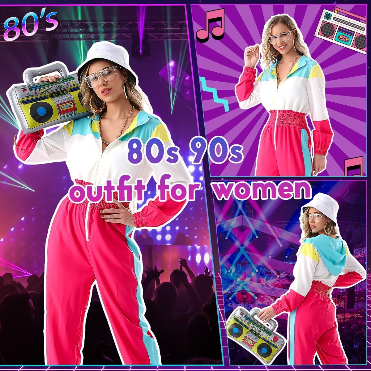 Hoodies Jumpsuit 80s 90s Outfits for Women Tracksuit Costume One Piece Windbreaker Hip Hop Neon Party - Image 3