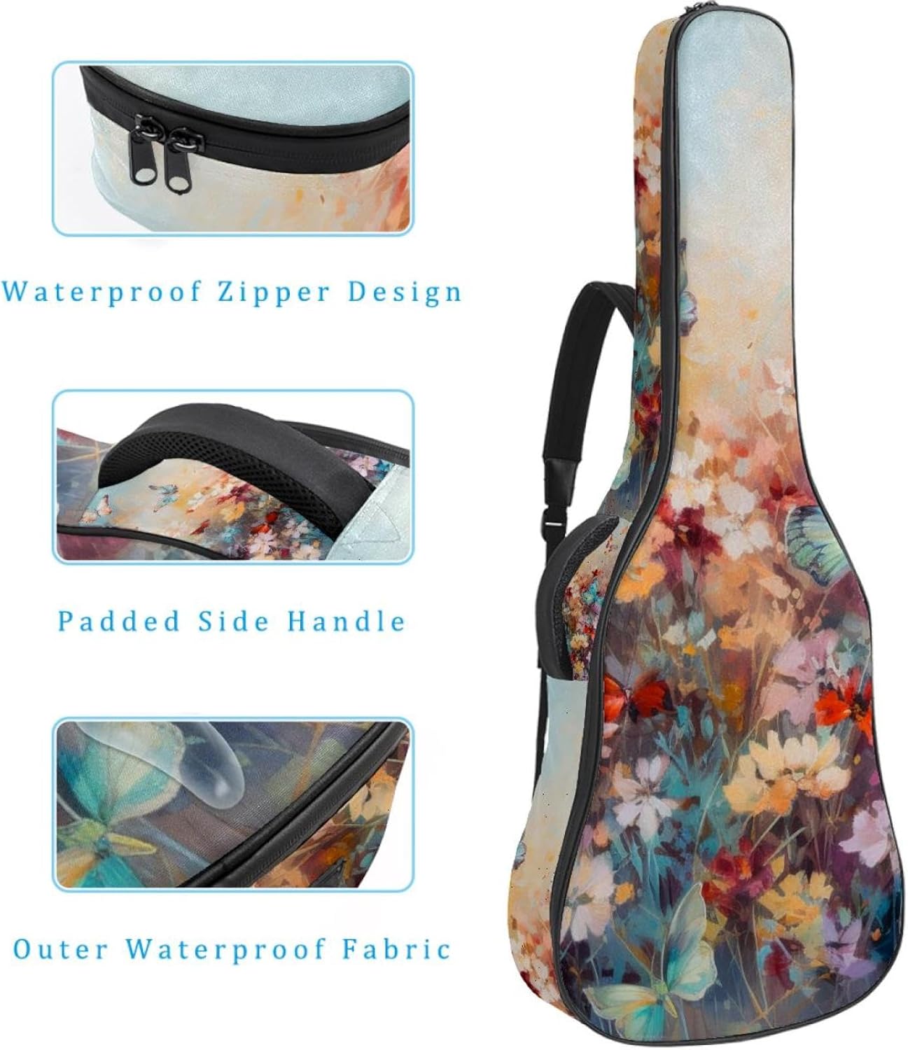 Acoustic Guitar Bag 0.4 Inch Thick Padding Waterproof Guitar Case Gig Bag for 40 41 42 Inch Electric Bass Classical Guitar, Watercolor Butterfflies and Flowers