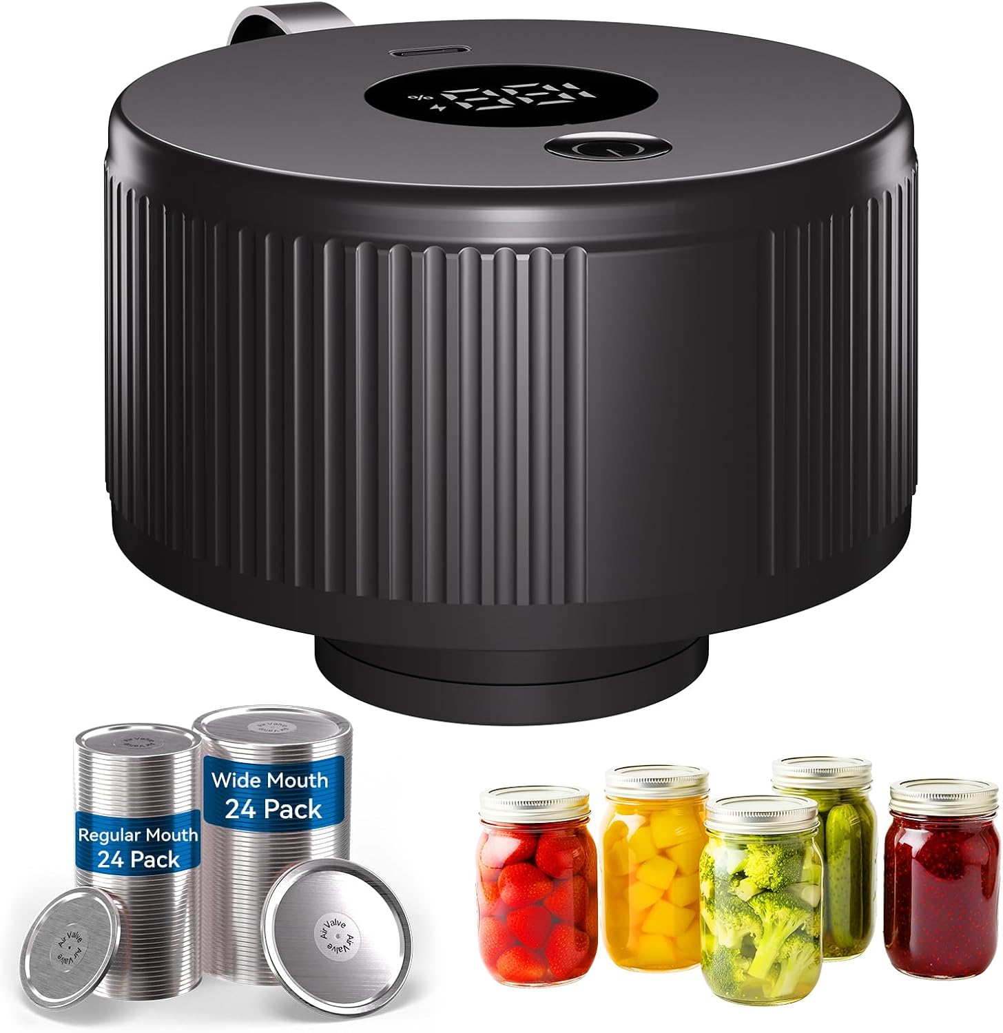 Electric Mason Jar Vacuum Sealer Kit+Mason Jar Lids 48 Pack: 24 Wide Mouth + 24 Regular Mouth Canning Lids 3-in-1 Handheld Automatic Vacuum Sealer for Mason Jars, Containers, Vacuum Bags