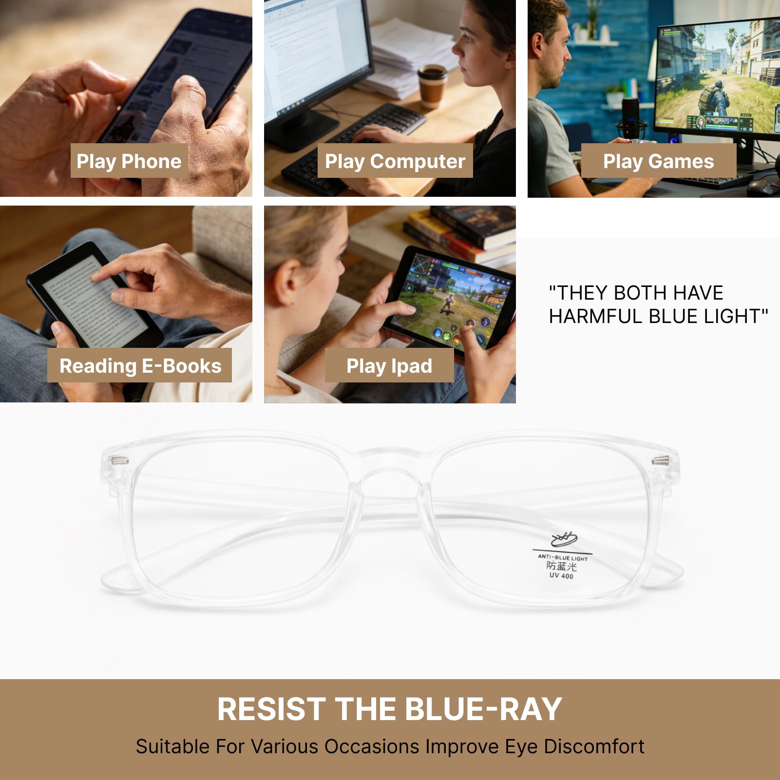 Gafas Filtro Luz Azul Gafas de Ordenador Gaming, Súper Ligeras Gafas Luz Azul PC con Bloqueo UV Azul, Reducción de la Fatiga Ocular, Lentes HD para Móvil Televisor, Moda para Mujer Hombre — view 6
