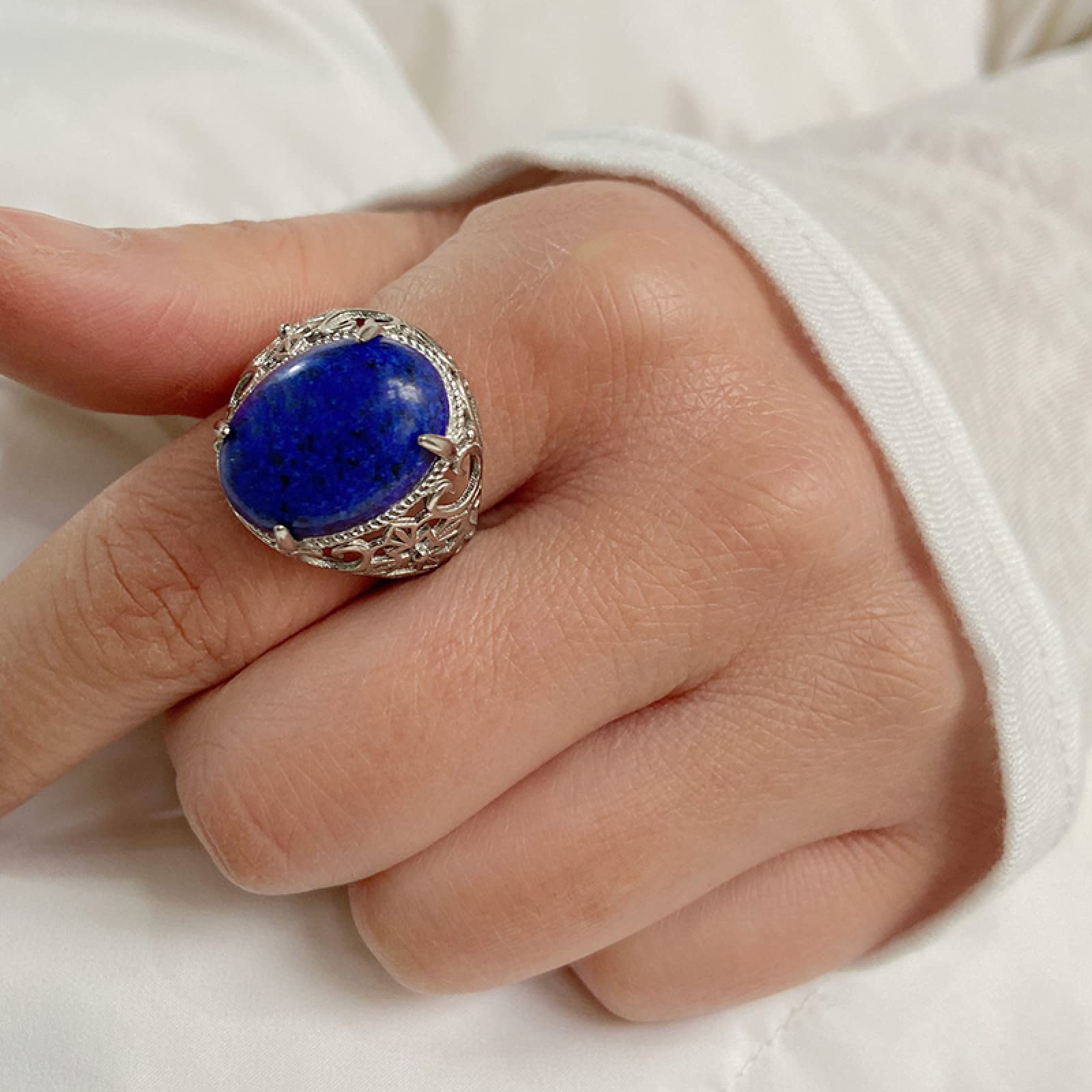 Silver Ring Natural Stone Agate Ring Adjustable Finger Ring Ladies Men's Jewellery Gifts,2 Lapis Lazuli