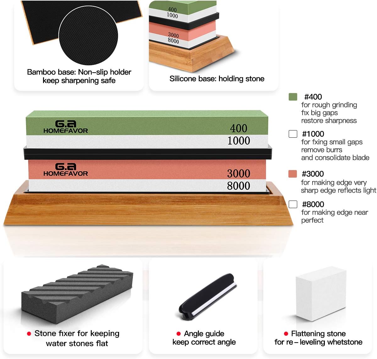 Knife Sharpening Stone Set – 400/1000 and 3000/8000-Grit Professional, G.a HOMEFAVOR Safe Knife Sharpener Set, Whetstone Set, NonSlip Bamboo Base, Flattening Stone, Angle Guide & Nonslip Rubber Bases : Tools & Home Improvement