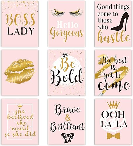 9 piezas inspiradoras para decoración de pared para mujeres, maquillaje rosa y dorado, pestañas de labios, póster artístico de pared, citas