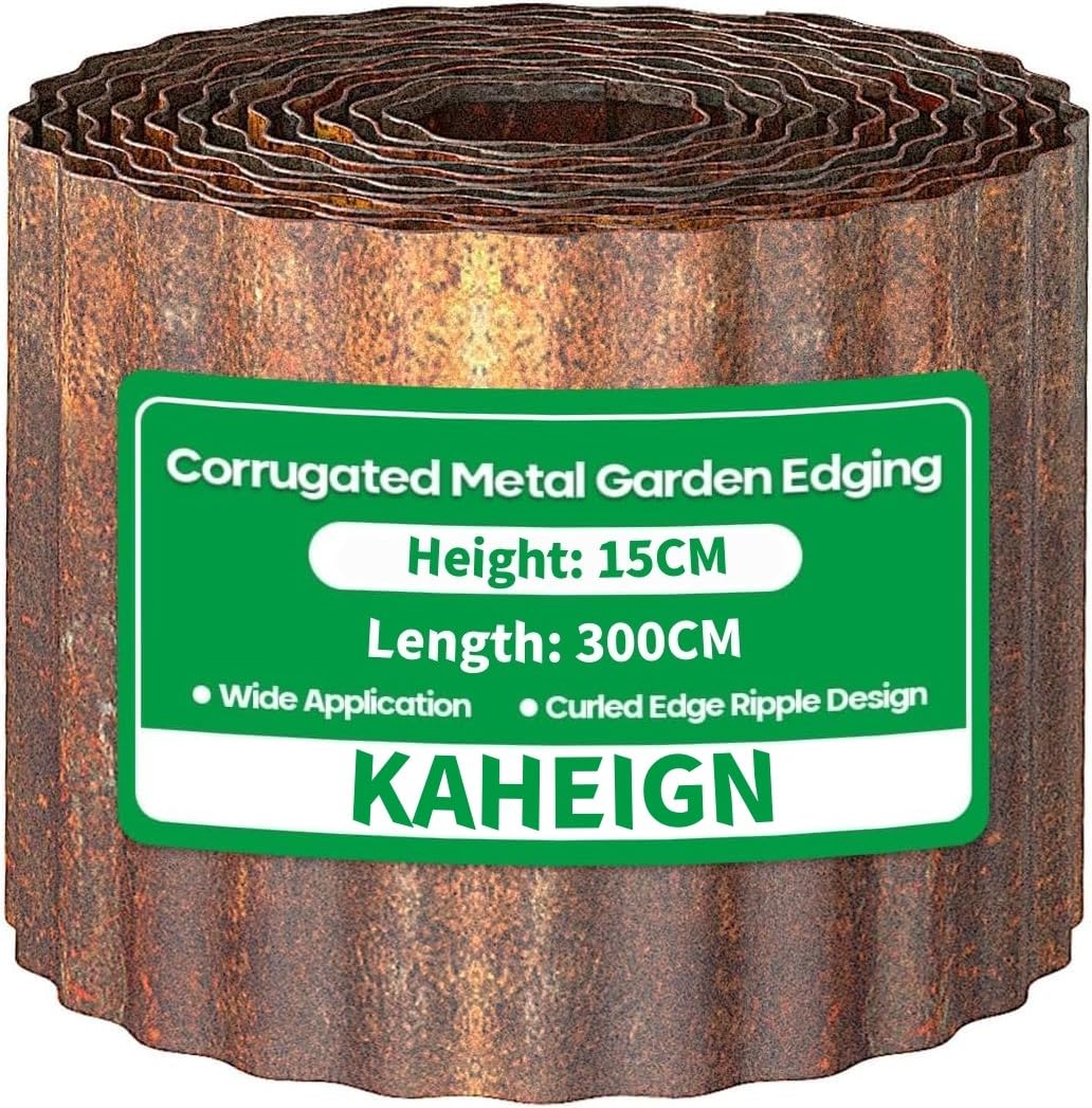 KAHEIGN Metal Garden Edging, 15CM x 300CM Corrugated Landscape Edging Border Steel Lawn Edge Fence for Garden Border, Flower Bed, Yard Pathway and DIY Landscaping (Rusted)