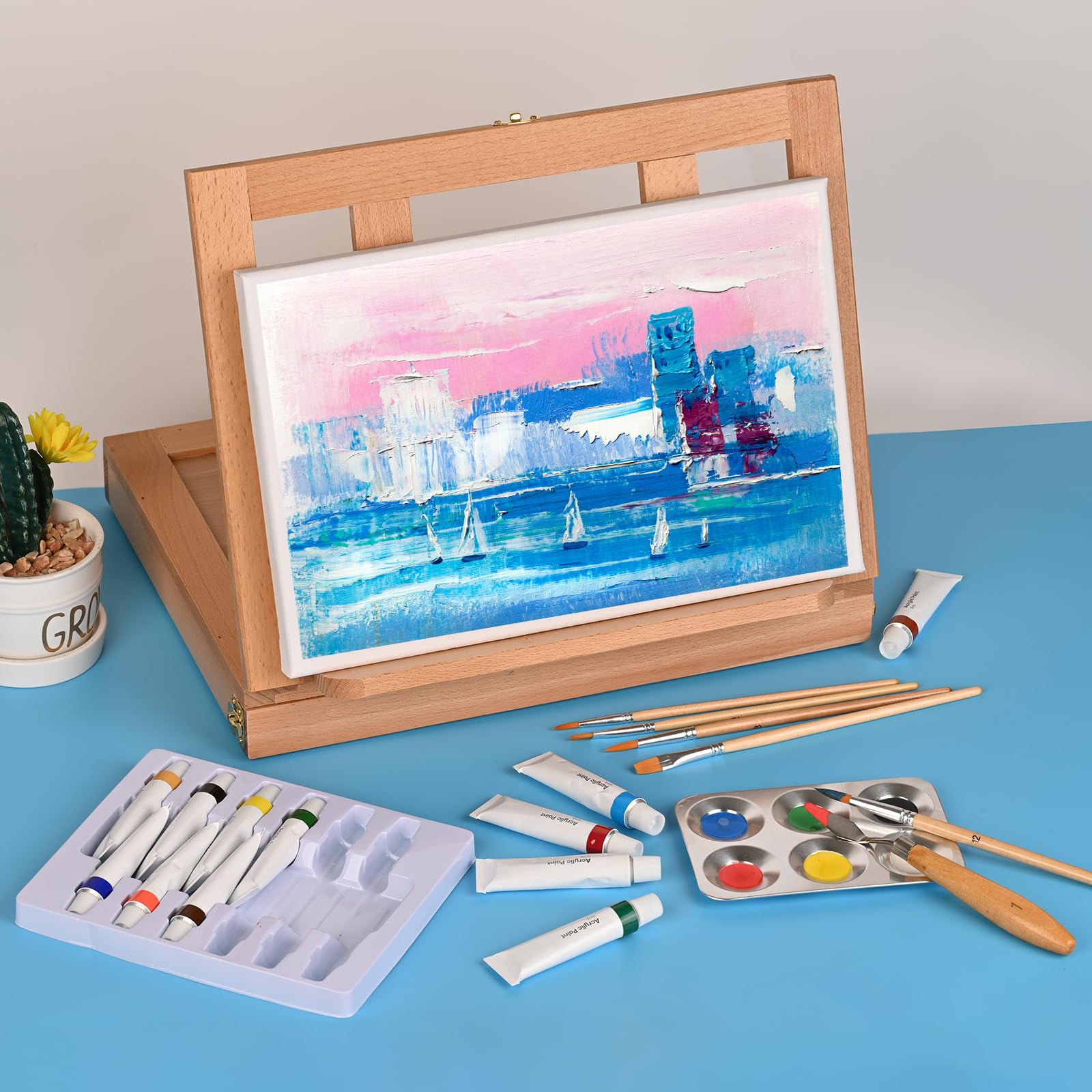 Caballete de mesa para pintar, soporte de dibujo ajustable, caja de pintura de madera de haya maciza para principiantes, estudiantes, artistas adultos, se adapta a lienzos, paneles o libros