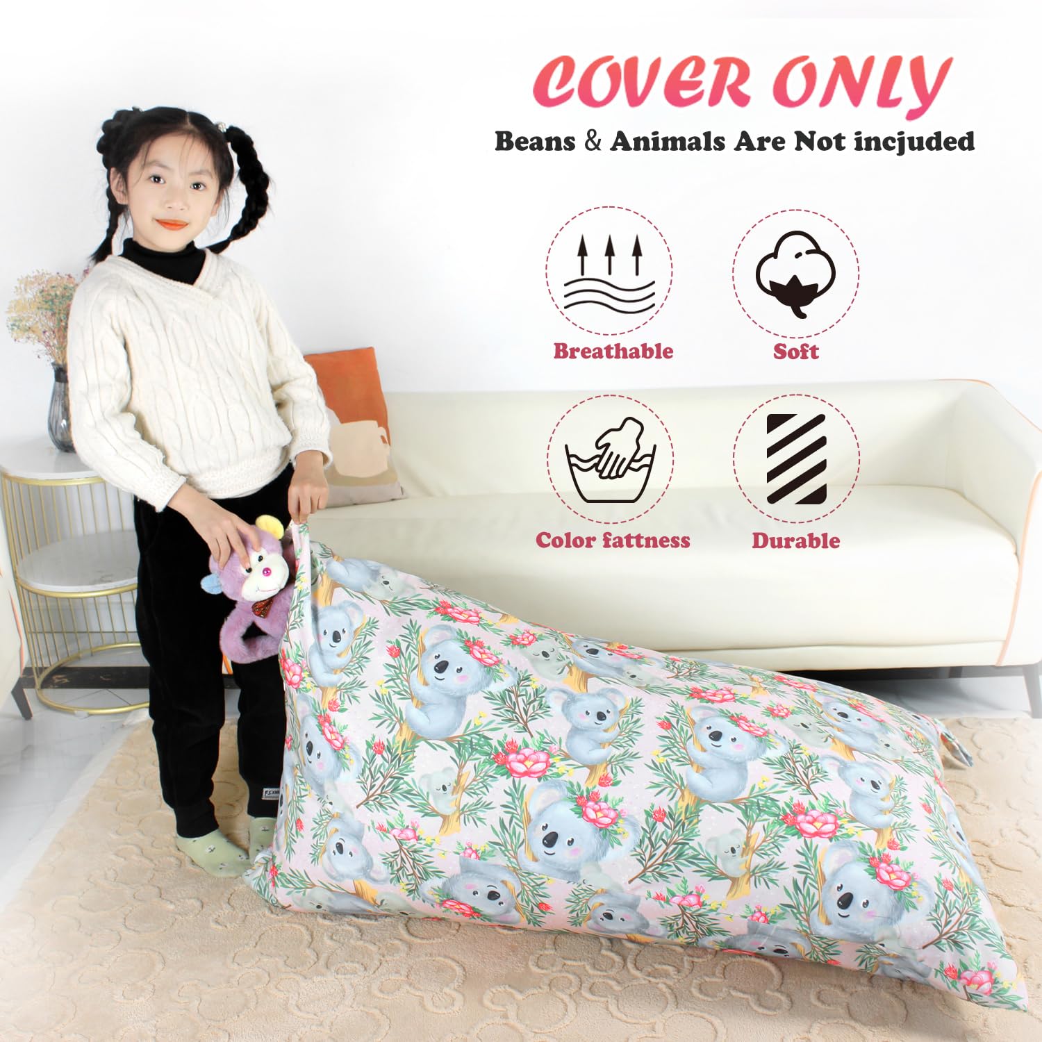 Kids Bean Bag Cover Only, Stuffed Animal Bean Bag Storage - Image 3