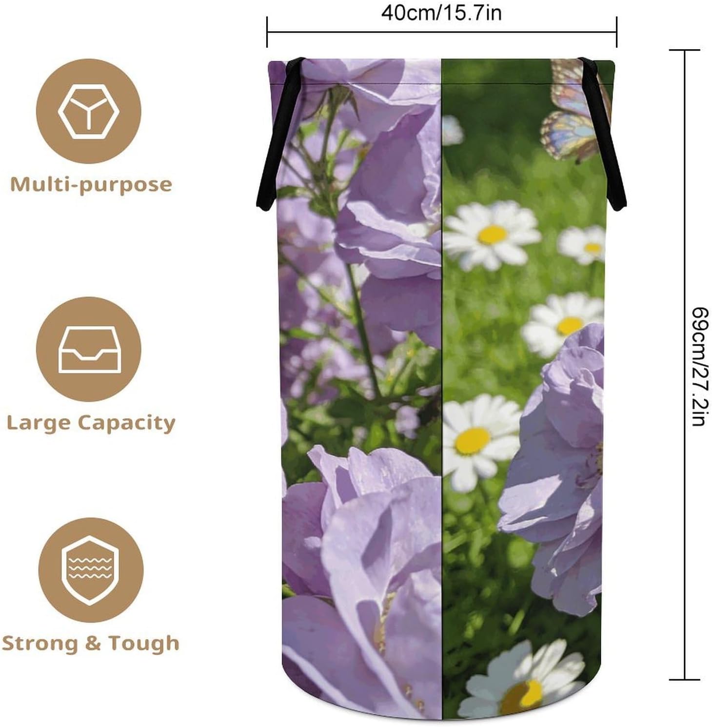 Light Purple Flowers Laundry Hamper Portable Lightweight Clothes Hampers Fashion Dirty Laundry Storage Basket Large Capacity Foldable Clothes Baskets for Bathroom Bedroom