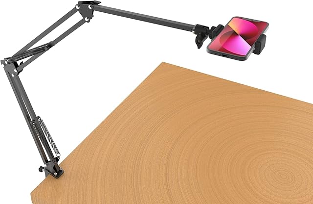 Long Overhead Tripod Mount for iPhone Webcam Ring Light, Gooseneck Desk Phone Stand Holder for Over Head Video Recording Filming Live Streaming, Webcam Mount with Articulating Arm