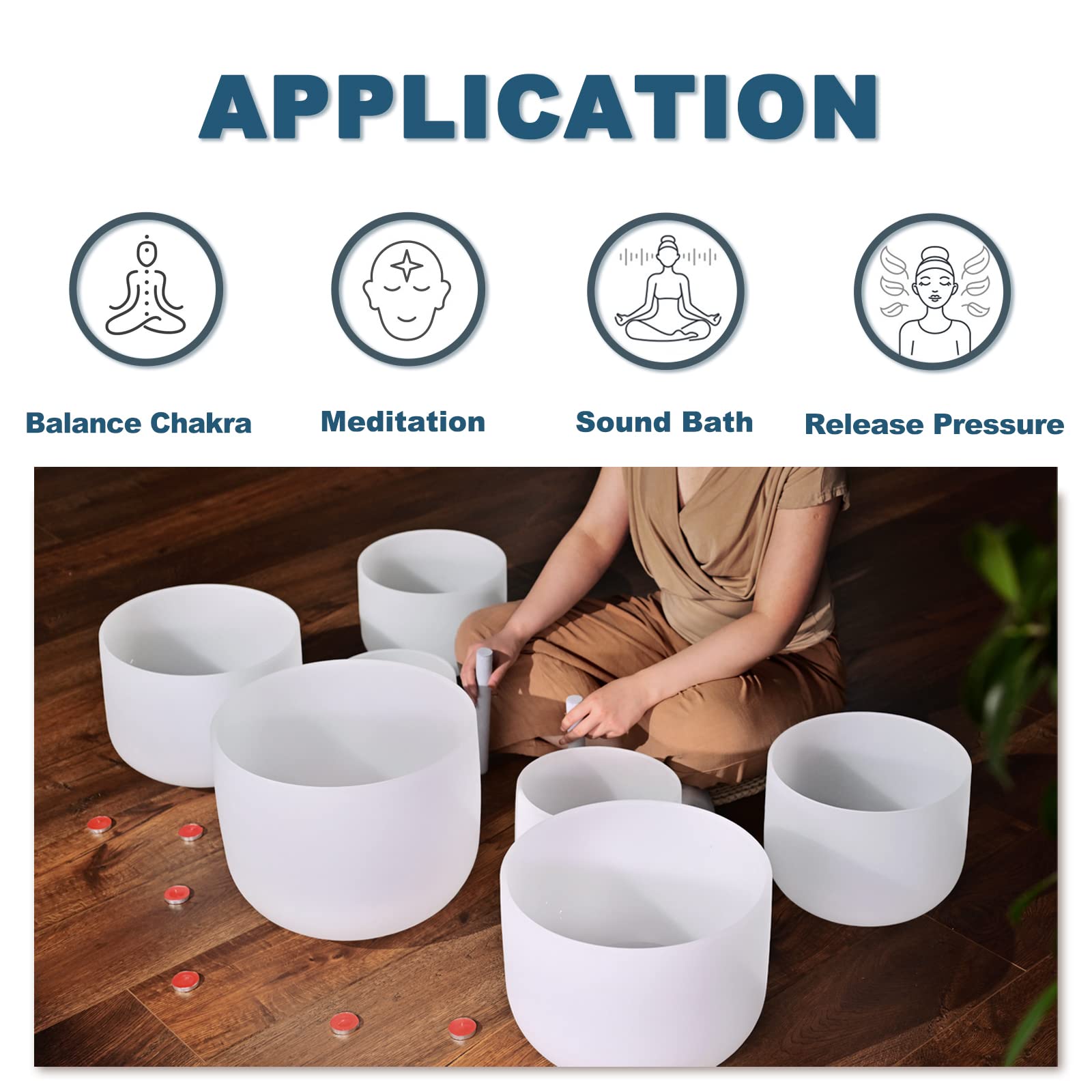 432HZ Klangschalen-Set aus mattiertem Chakra-Quarzkristall, 20,3 - 35,6 cm, 7-teilig | Klangheilung, robuste Tragetaschen