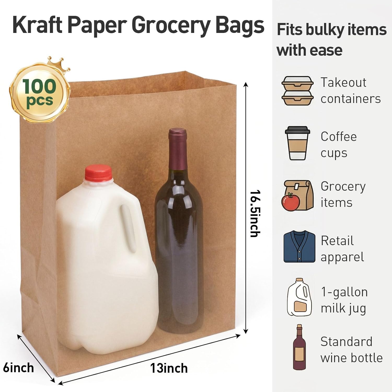 VGOODALL 100 Pcs 57LB Brown Kraft Paper Grocery Bags - 13" x 6" x 16.5" Large Heavy Duty Shopping Bags for Restaurant Takeout, Retail & Grocery Packaging