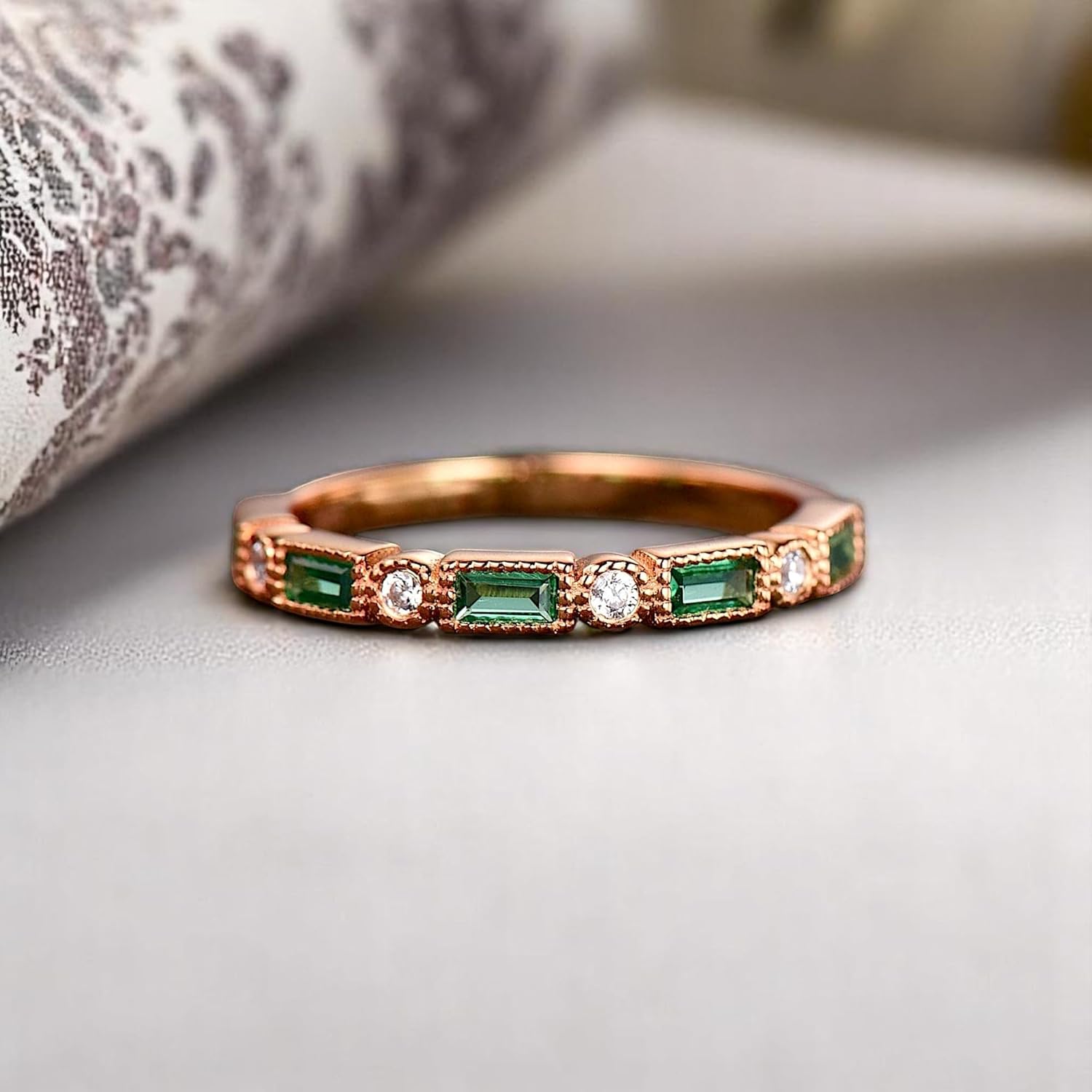 Art Deco Emerald & Moissanite Wedding Band for Women, 14k Solid Yellow Gold Vintage Baguette Stacking Ring, Birthday Gift Jewelry, Timeless Bridal Eternity Band