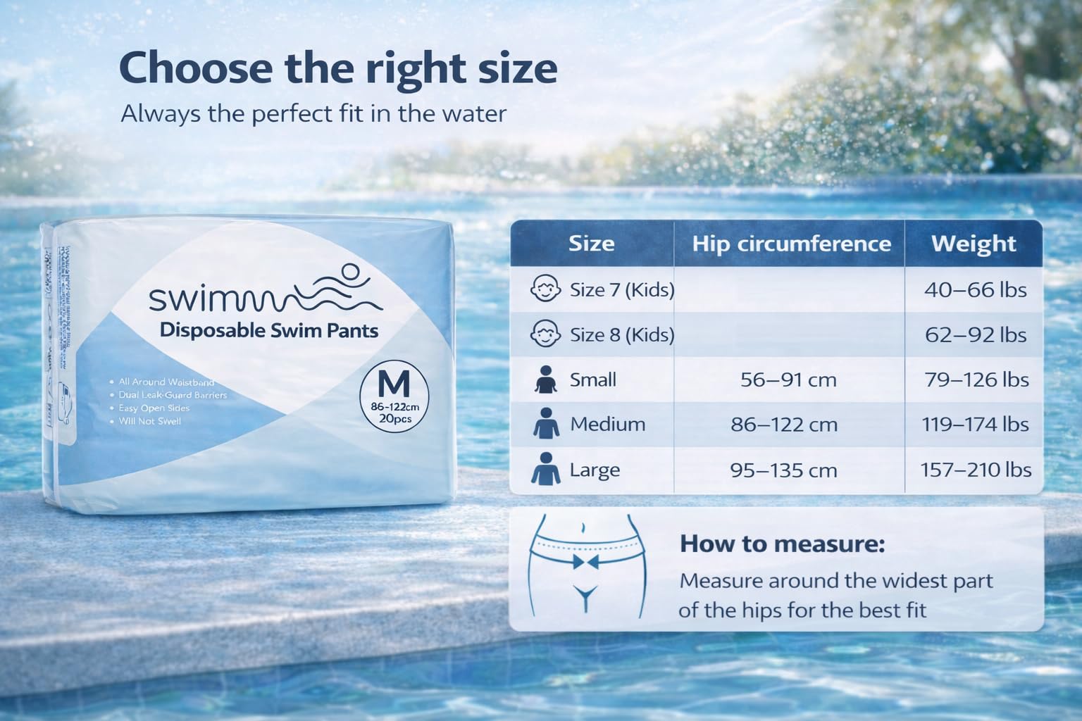 Pañales de natación desechables para niños – Talla 8 (28–42 kg) – 30 unidades – Discreto y Suave para la piel – Protección contra incontinencia fecal – Natación segura en el agua