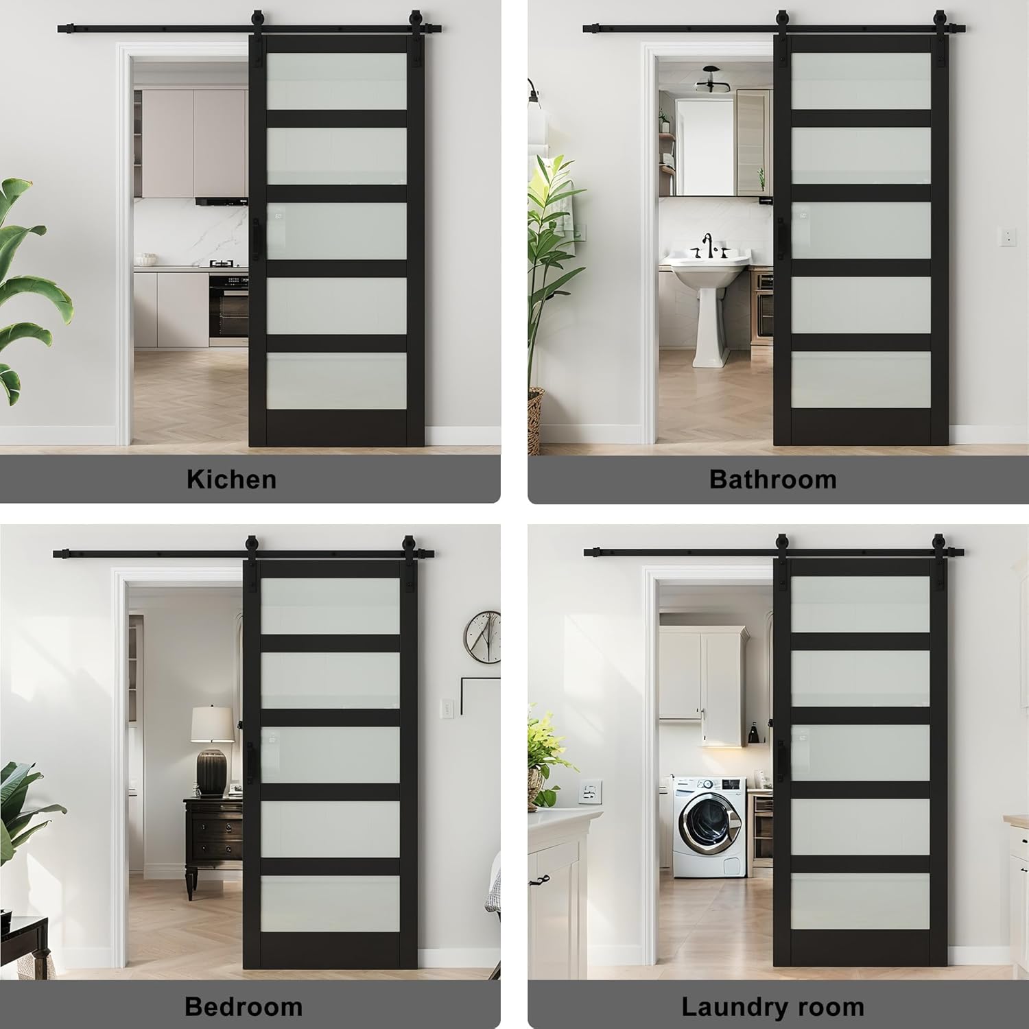 5-Lites Tempered Frosted Glass Barn Door with 7 FT Sliding Hardware Kit & Handle, Solid Core Wood Sliding Barn Door with Excellent Privacy Protection, Simple DIY Assembly Required, Black, 42" x 84"