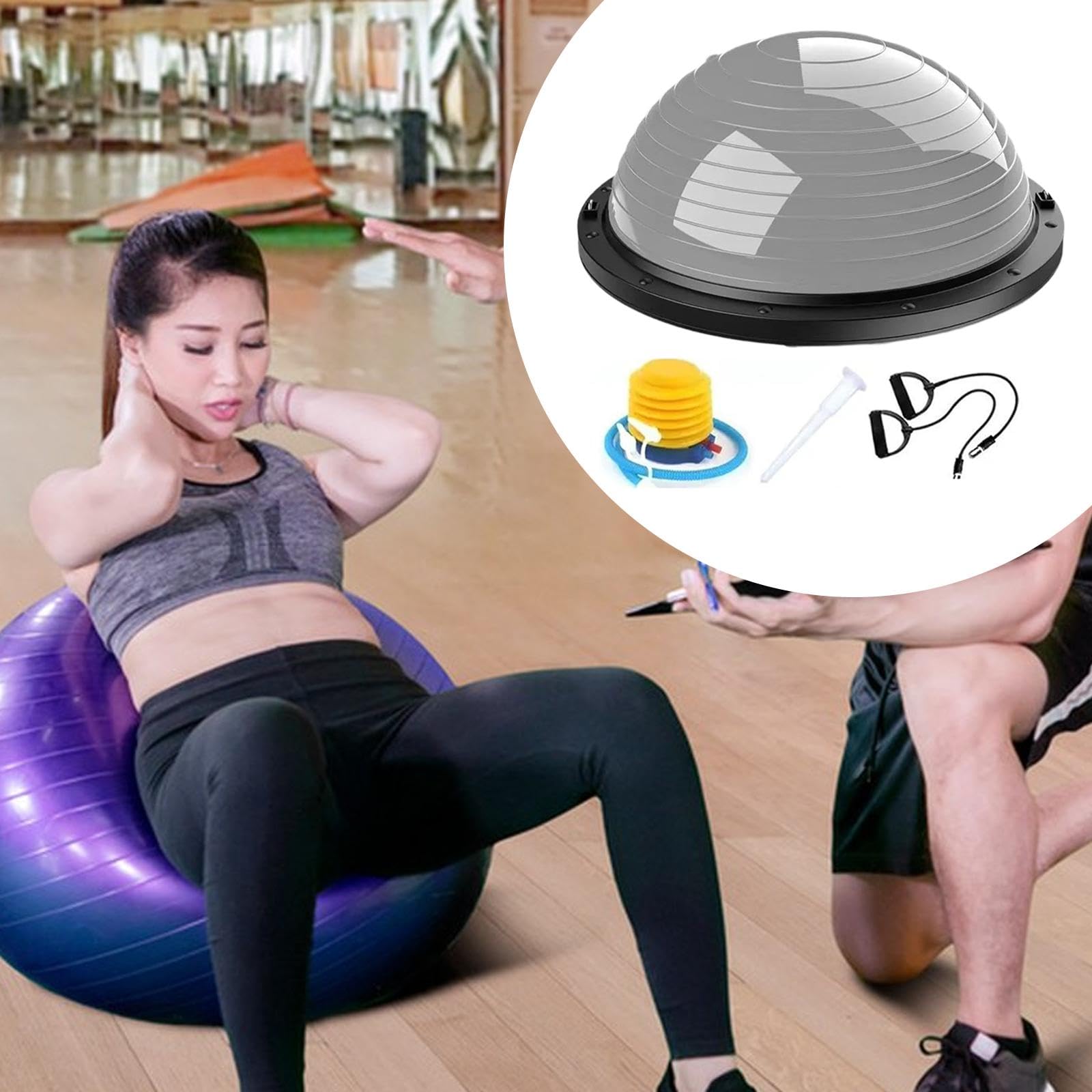 Palla da Equilibrio con Fasce di Resistenza E Pompa. Attrezzatura Semisferica per L'allenamento Dell'equilibrio, per Palestra in Casa, Grigio