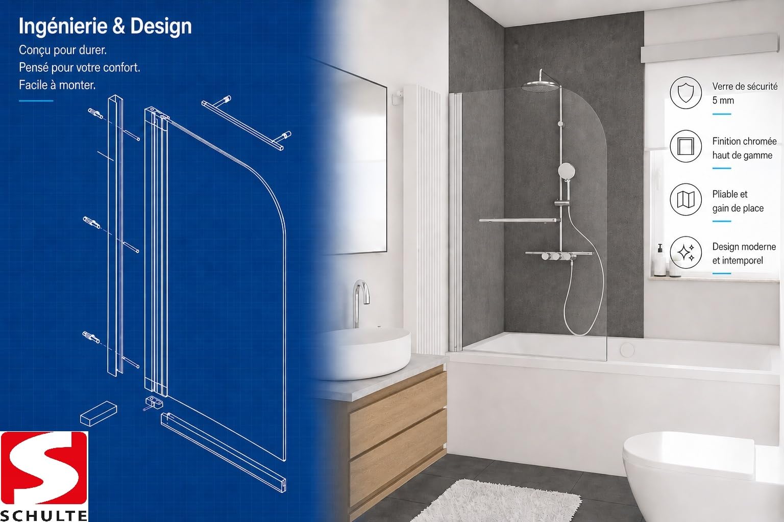 Schulte pare baignoire 80x140 cm porte-serviette chromé pivotant verre 5mm | réversible rabattable à 180° verre trempé